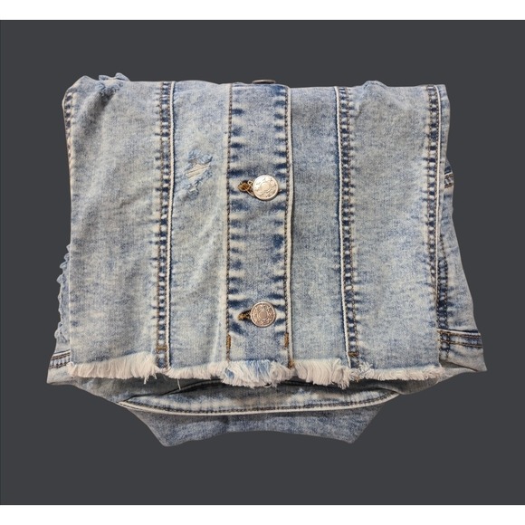 Women's Distressed Cropped Denim Jacket Light Wash Frayed Hem Size Large Blue - Picture 6 of 9